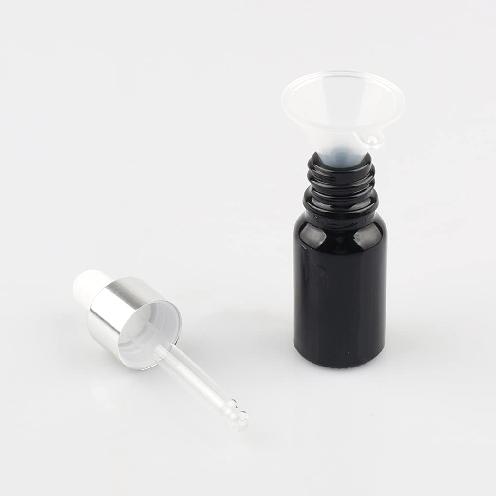 24 Pezzi Nero Lucido Bottiglie Contagocce Vetro 10 ml, con Pipette Contagocce Vetro,anello a vite Argento, per Laboratorio,Olio Essenziale, Aromaterapia +4 imbuti