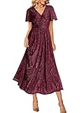 Simplee Women's Semi Formal Wedding Guest Velvet Maxi Dress Burnout Floral Empire Waist V Neck Short Sleeve Long Dress (Burgundy Floral M)