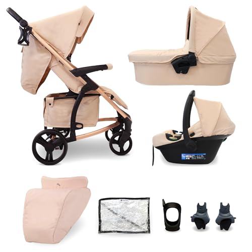 My Babiie MB200i 3-in-1 Travel System - Baby Pushchair, Carrycot, Infant Car Seat (R129 i-Size), Foldable, Includes Footmuff, Rain Cover, from Birth to 22kg (4 Years Approx.) - Rose Blush