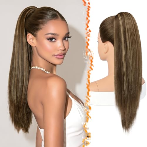 BARSDAR Glattes Ponytail Extension, 55cm Lang Glattes Pferdeschwanz Haarteil mit Kordelzug Aussehen Synthetische Cheer Posh Pferdeschwanz Haarverlängerung Haarteil Tägliche Party, Braun mit Blond