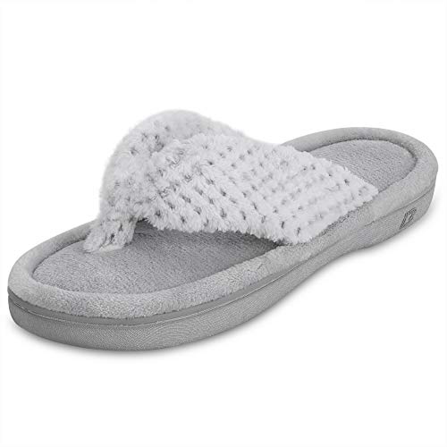 DL Women's Memory Foam Flip Flop Slippers with Cozy Short Plush Liningï¼ŒSpa Thong Sandals Mules, Ladies' House Shoes with Indoor Outdoor Anti-Skid Hard Rubber Sole, Grey, Size 9-10