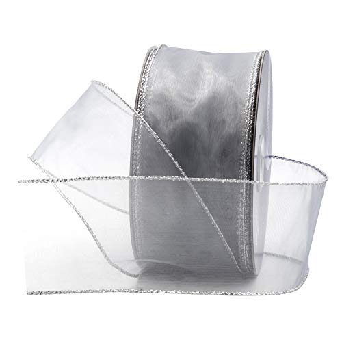 Royal Imports Organza Wired Sheer Ribbon 2.5" (#40) For Floral & Craft Decoration, 50 Yard Roll (150 Ft Spool), Silver #TOP13