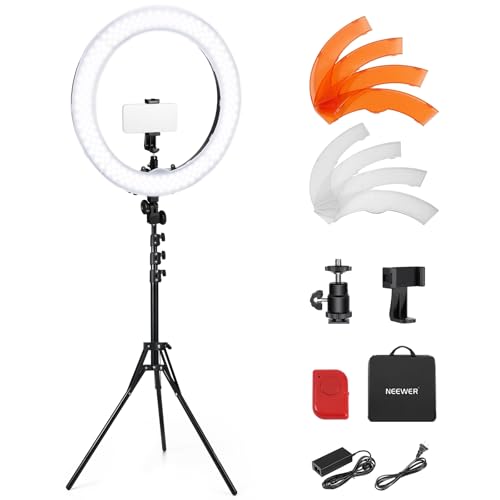 NEEWER 55W 18"/45cm Ring Light Kit [New Version], 5600K Dimmable LED Ringlight Tripod Stand Phone Holder for iPhone Selfie Makeup Lash Tattoo Studio Photo Video Recording Photography Lighting, RL-18 by NEEWER - Used condition - CA$89.87