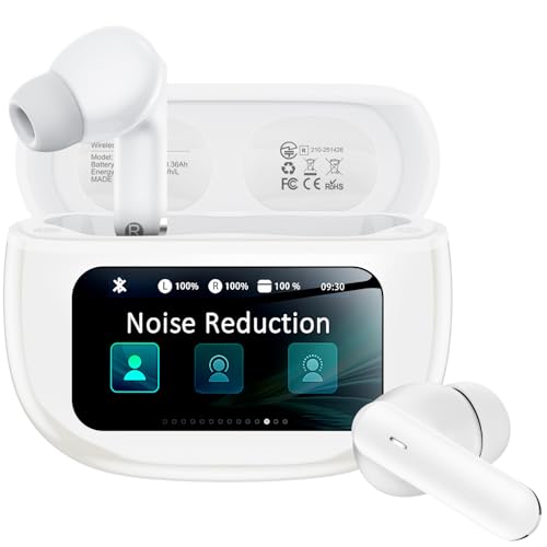 Image of Wireless Earbuds with Smart Touchscreen Case, Bluetooth 6.0 Ear Buds with AI Noise Cancelling Calls, 40H Playtime Stereo Headphones, IPX7 Waterproof Earbuds for Workout, Travel, iPhone,Android,White