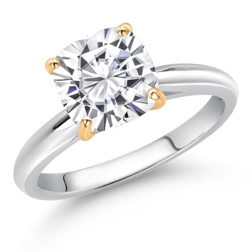 Gem Stone King 925 Sterling Silver and 10K Yellow Gold White Moissanite Solitaire Engagement Ring For Women (2.40 Cttw, Cushion 8MM, Gemstone Birthstone, Available In Size 5, 6, 7, 8, 9)2