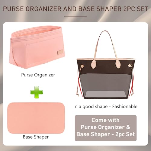 Image of Doxo Purse Organizer Insert for Handbags & Base Shaper 2pc Set, Felt Neverfull MM Organizer Insert, Tote Bag Organizer with Zipper Pocket and Bottle Holder, Fit Speedy 30 Neverfull MM and More,Pink-L