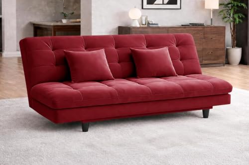 Image of Rosebell Modern Wooden 3-Seater Sofa Cum Bed Foldable Velevt Fabric Sofa for Living Room, Guest Room & Office-Red-Color