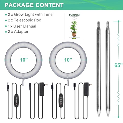 LORDEM 10" Full Spectrum Plant Light, 160 LEDs Large Grow Light for Indoor Tall Plants, Growing Lamp with 4/8/12H Auto Timer, 10 Dimmable Levels, 3 Spectrum Modes, 65" Height Adjustable, Pack of 2
