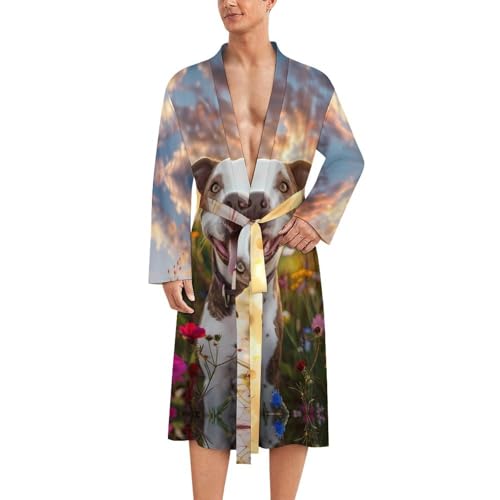 Pit-bull Dog Flowers Funny Men's Robe Soft Lightweight Bathrobe Long-sleeve Spa Robes