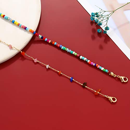 Image of Boho Beaded Ankle Bracelet Beach 18 K Gold Plated Anklet Bracelets Handmade Colorful Seed Beads Butterfly Evil Eye Heart Link Chain Anklet Pack Cute Summer Foot Jewelry for Women
