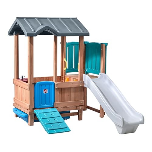 Step2 Woodland Adventure Playhouse & Slide Kids Outdoor Playset Backyard Playground Set Swings Storage Drawer Made of Wood & Durable Plastic Outside Jungle Gym for Children 3-8 Years Old