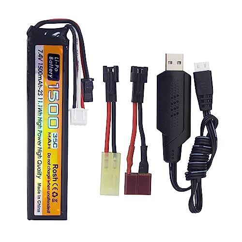 PUOO 7.4V 35C 1500mAh SM-2P Plug Lithium Battery with T Plug Odamiya Plug and USB Charging Cable for Airsoft Model Guns Rifles Remote Control Cars Drones