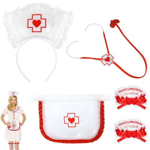XEPST Conjunto de Disfraces de Enfermera para Mujer-Accesorios de Disfraz de Enfermera de 5 PIEZAS con Gorro de Enfermera, Diadema, Estetoscopio, Delantal de Enfermera para Halloween Cosplay Carnaval