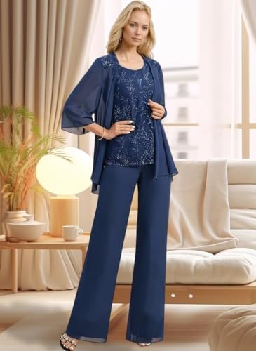 3 Pieces Mother of The Bride Pant Suits for Women Dressy Lace Appliques Formal Wedding Dress with Jacket2