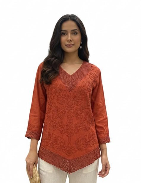 Image of Rust Women Rayon Top V Neck Embroidered Casual Ethnic Wear Stylish Comfortable Daily Office Party Top