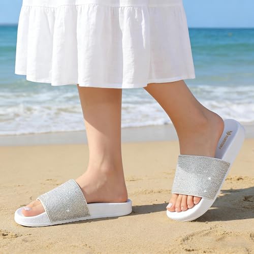 Image of Fur Story Womens Slides House Slippers Rhinestone Glitter Slides Cute bling Flat for Women Platform Sandals Cozy Bedroom Slippers Shower Shoes