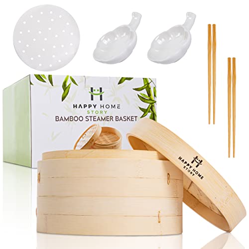 Bamboo Steamer Basket 10 Inch 2 Tier - Steam cooker for dim sum dumplings, bao bun, rice, fish, vegetable,Â handmade kitchen cookware for steaming Chinese, Thai, Korean, Asian and Global healthyÂ foodÂ 