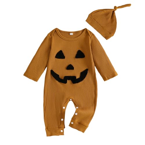 Infant Boys Girls Clothes Set Newborn Baby Romper Hat Ribbed Knit Long Sleeve Button Solid Bodysuit...