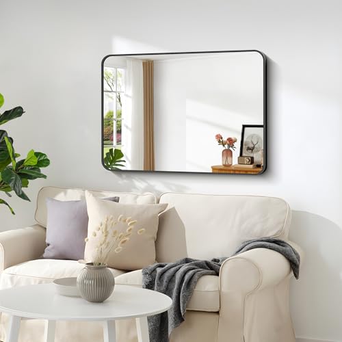 Image of Bathroom Mirror, 18 x 24 inch Metal Framed Black Rectangle Mirror, Rounded Corner Rectangular Vanity Mirror, Wall Mounted Mirror for Modern Bedroom Living Room Hangs Horizontal or Vertical