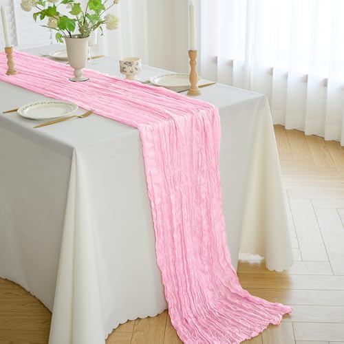 Cheesecloth Gauze Boho Rustic Table Runner - 35x120 Inch Long for Wedding, Baby & Bridal Showers (Pink)