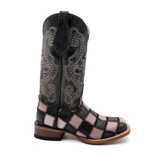 Womens Patchwork Square Toe Pull On Casual Boots Mid Calf Low Heel 1-2