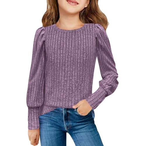 Kids Girls Puff Long Sleeve Shirts Solid Color Knitted Tee Shirt Fashion Soft Ribbed Knit Causal Blouses Tops