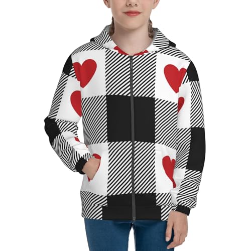 Heart Black Buffalo Plaid Gingham Kids Pullover Hoodies Boys Zip Up Sweatshirts Girls Athletic Clothes with Pocket3