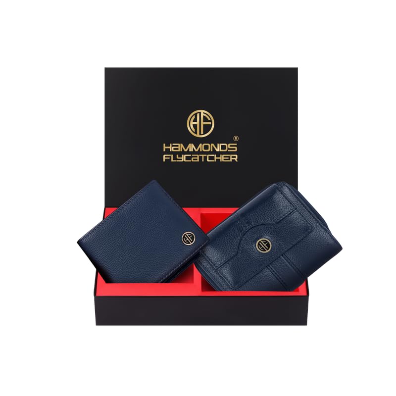 HAMMONDS FLYCATCHER Leather Wallet Combo Gift Set - Marriage Wedding Gifts for Couples Wife Husband - RFID Protected Men's & Ladies Women's Wallets, Multiple Card Slots - Blue