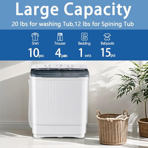 Image of DOGHLY Portable Washing Machine, 32lbs Twin Tub (20+12lbs Washer /Spinner) with 10 Hangers and Drying Rack, for Powerful Stain Removal, Semi-Automatic Compact Washer for Dorms, Apartments, RVs(Black)