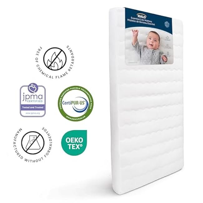 HALO Essential Crib & Toddler Mattress - Breathable, Waterproof, Machine Washable Cover, Firm Foam Core, JPMA & Oeko-Tex Certified