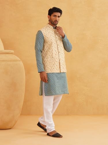Sojanya (Since 1958 Men'S Silk Blend Peacock Blue Kurta With Pyjama & Beige Nehru Jacket3