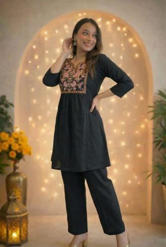 Image of Women's Rayon Embroidered Kurti with Pant Set | Floral Yoke Design | 3 /4 Sleeve Ethnic Co-Ord Set | Regular Fit Traditional Outfit