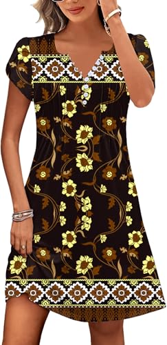 Image of Disamer Womens Casual Dresses Short Sleeve Summer Dresses 2026 Boho Floral Beach Sundresses Spring A-Line Dress with Pockets,Floral Yellow,X-Large