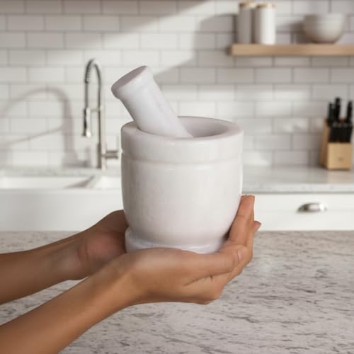 Image of B.R. & Sons Marble Mortar and Pestle Set | Stylish Imam Dasta, Ohkli Musal for Spices & Herbs - Available in Various Shapes & Colors (WHITE, 4x4 Inches)