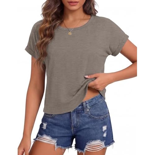 Totatuit Crop Tops for Women Roll Short Sleeve Crewneck Shirts Cropped Tshirts Summer Loose Fit Boxy Basic Tee