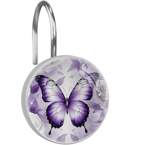 Purple Butterfly and Flower Shower Curtain Hooks, 12Pcs Decorative Rust