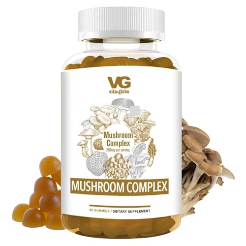 VITA GLOBE Mushroom Complex Gummies with Reishi, Lion’s Mane, Chaga, Cordyceps & More, Daily Mushroom Supplement for Immune Defense, Energy & Brain Function Support, 250mg, 60 Count (Pack of 1)