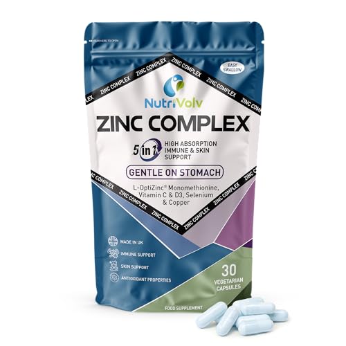 NutriVolv Zinc Complex with OptiZinc Monomethionine – 30 Vegetarian Capsules, 5-in-1 Formula (Vitamin C, D3, Selenium & Copper)