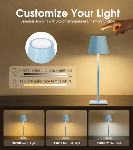 Image of UME 3 Pack Cordless Table Lamp, Battery Operated Lamp - Portable Waterproof Rechargeable Table Lamp w / 3 Color Temps & Stepless Dimming for Dinner, Desk, Cafe, Outdoor (Blue)
