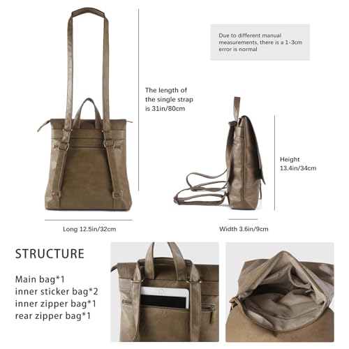 Image of Women's Fashion Backpack Purse Multipurpose Design Convertible Satchel Handbags Shoulder Bag Travel bag (Khaki)