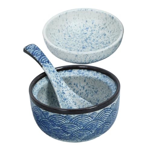 HOUDERCO 和風波紋デザイン味噌汁椀 蓋付き製セラミック麺丼 スープボウル 食卓用ラーメン ご飯兼用 滑らか仕上げ 贈答用にも