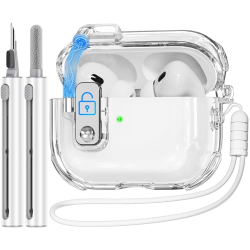 Compatible with AirPods Pro 2nd/1st Generation Case Cover with Cleaner kit,Soft TPU Clear Case with Safety Lock,Auto Pop-Up Lid Design for iPod Pro Charging Case(USB-C) (2023/2022/2019) -White
