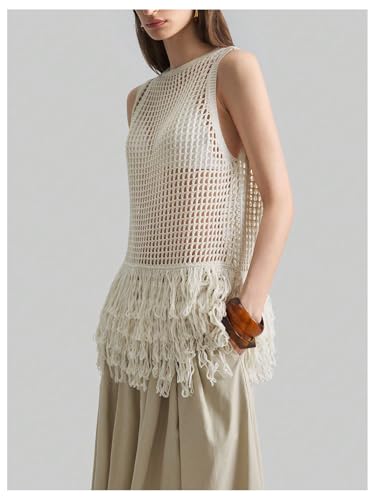 Milumia Women's Hollow Out Fringe Knitted Tank Top Sexy Sheer Sleeveless Long Sweater Vests2