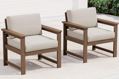 Image of SERWALL 2 Pieces Single Cushioned Lounge Chair, HDPE Outdoor Adirondack Sofa Armchair with Cushion, Brown Frame /Khaki Cushion