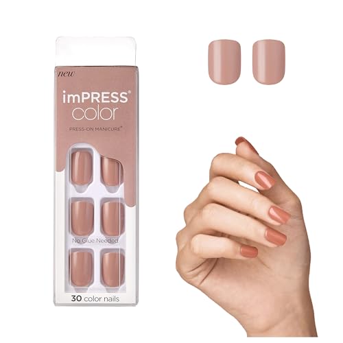 KISS imPRESS Color Press-On Manicure, Gel Nail Kit, PureFit Technology, Short Length, “Sandboxâ€Â, Polish-Free Solid Color Mani, Includes Prep Pad, Mini File, Cuticle Stick, and 30 Fake Nails