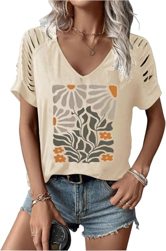 Womens Cut Out V Neck T-Shirts Boho Floral Graphic Tee Summer Cold Shoulder Tops Cute Wildflower Short Sleeve Blouse