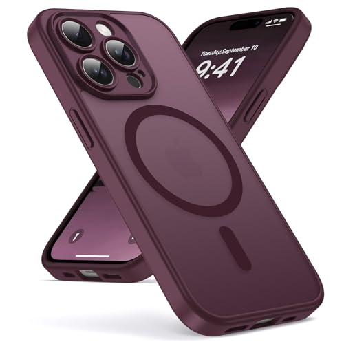 Oududianzi-Coque pour iPhone 14 Pro Max Compatible avec MagSafe Magnétique, Housse de Arrière Translucide Givrée PC, TPU Silicone Bumper Étui Protection Antichoc Militaire Anti-Empreintes - Bordeaux