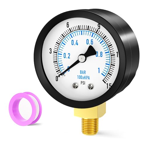 Image of 0-15PSI Well Pump Pressure Gauge 2 inch Dial Size, 1 /8 inch NPT Lower Mount, 3-2-3% Accuracy, for Tube, Water Pump, Gas, Liquid, Pressure Test