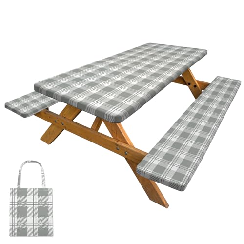 pickyNproud Picnic Table Cover with Bench Covers Camping Tablecloth with Storage Bag Windproof Waterproof Picnic Table Covers with Elastic for Camping