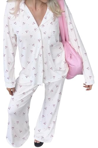 Bow Pajama Sets for Women 2 Piece Cute Print Lounge Long Sleeve Button Down Shirts Sleepwear Y2k Pjs